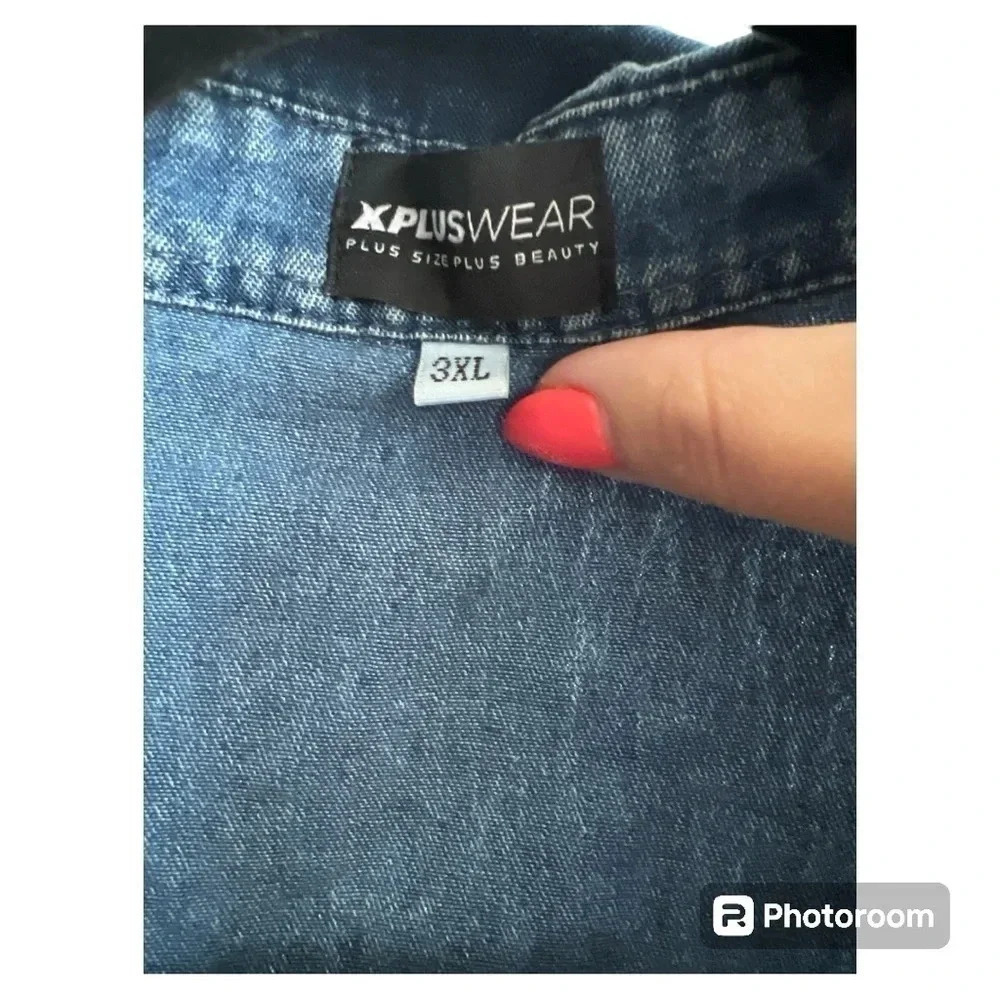 XPLUS WEAR Short Puffed Sleeves Tie Waist Tiered Tulle Hem Denim Blouse size 3XL - Picture 7 of 7